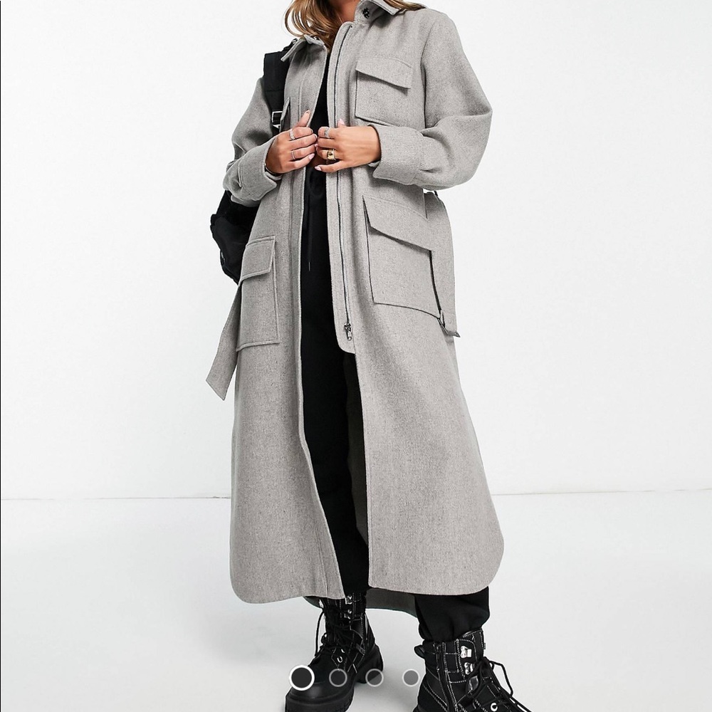 Topshop longline belted utility coat in gray size US 4
